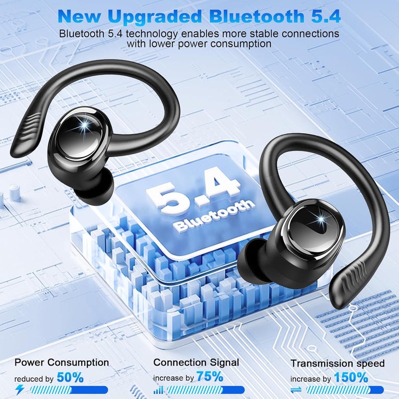 Hupoaf Wireless Earbuds Sport, New Bluetooth 5.4 Headphones with Earhooks, 50H Stereo Deep Bass Over Ear Buds with 4 ENC Noise Canceling Mics, IP7 Waterproof Earphones for Running Workout Gym -Black - Image 3